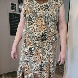 Reba Ruffled Brown and Black Scoop Neck Midi Dress